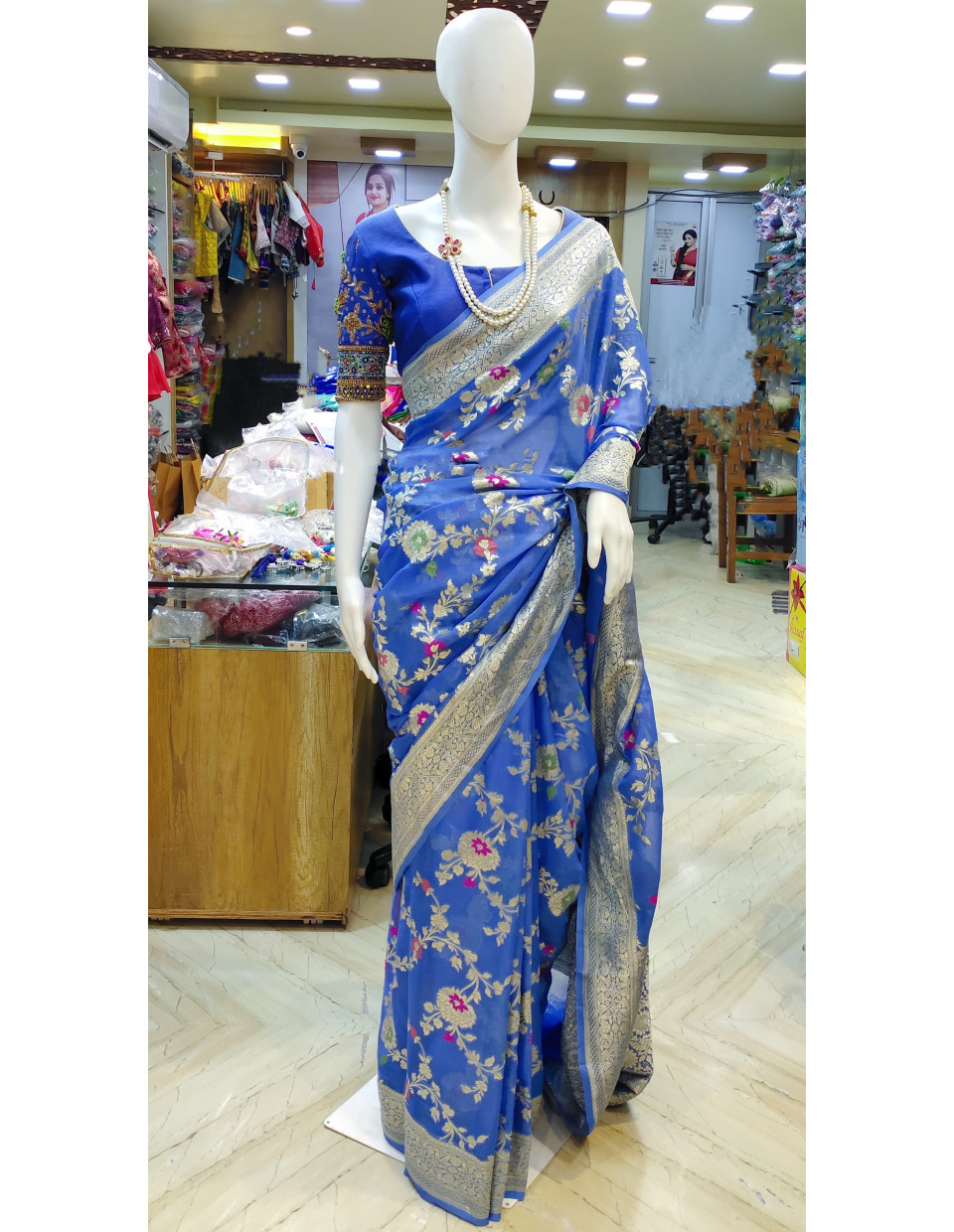 Premium Quality Pure Khadi Georgette Silk Saree With All Over Fine Zari And Contrast Color Thread Weaving Work - With Silk Mark (KR2254)